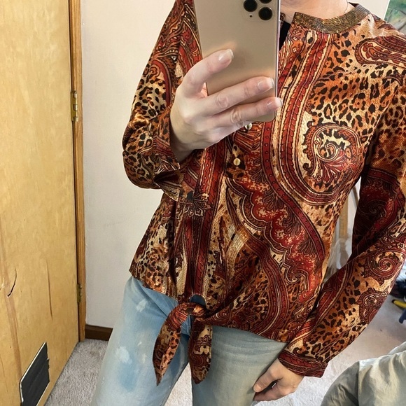 Chicos Fall Tone Paisley Sequin Collar Tie Front Satin Blouse - Picture 2 of 12